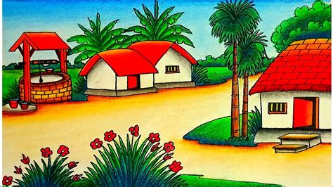 beautiful village drawing easy